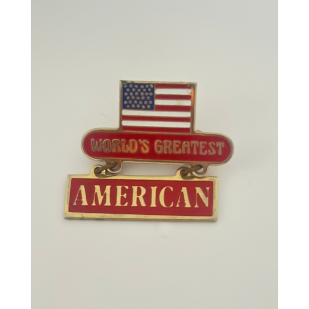 Worlds Greatest American Flag Enamel Dangle Pin Gold Tone Patriotic Brooch